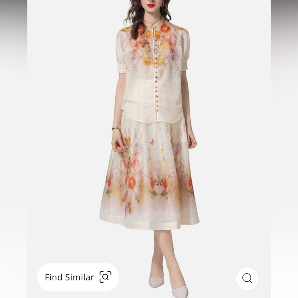 BURRYCO 2 piece shirt and skirt set floral design and sheer. New with tags.